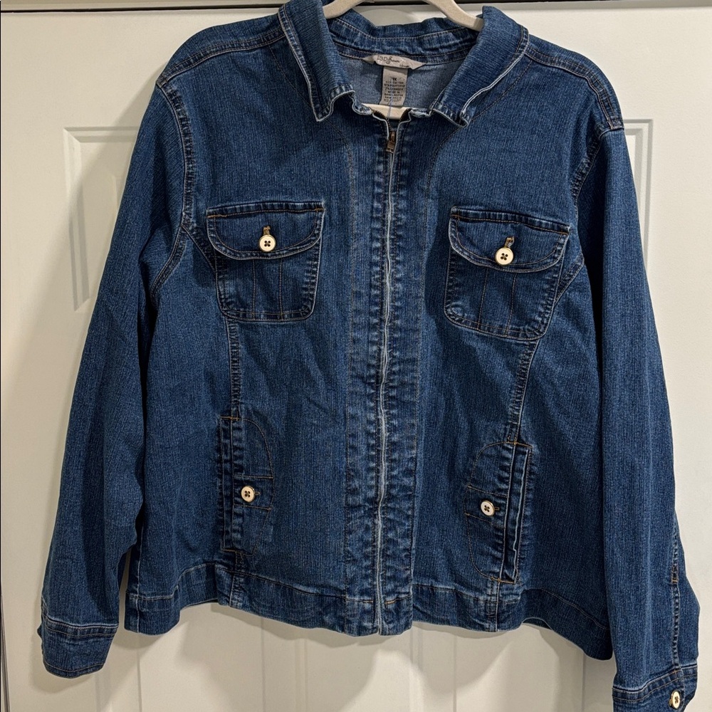 Plus 1X Stretch Utility Denim Jacket Zip Front Pocket Detail by‎ IB Diffusion